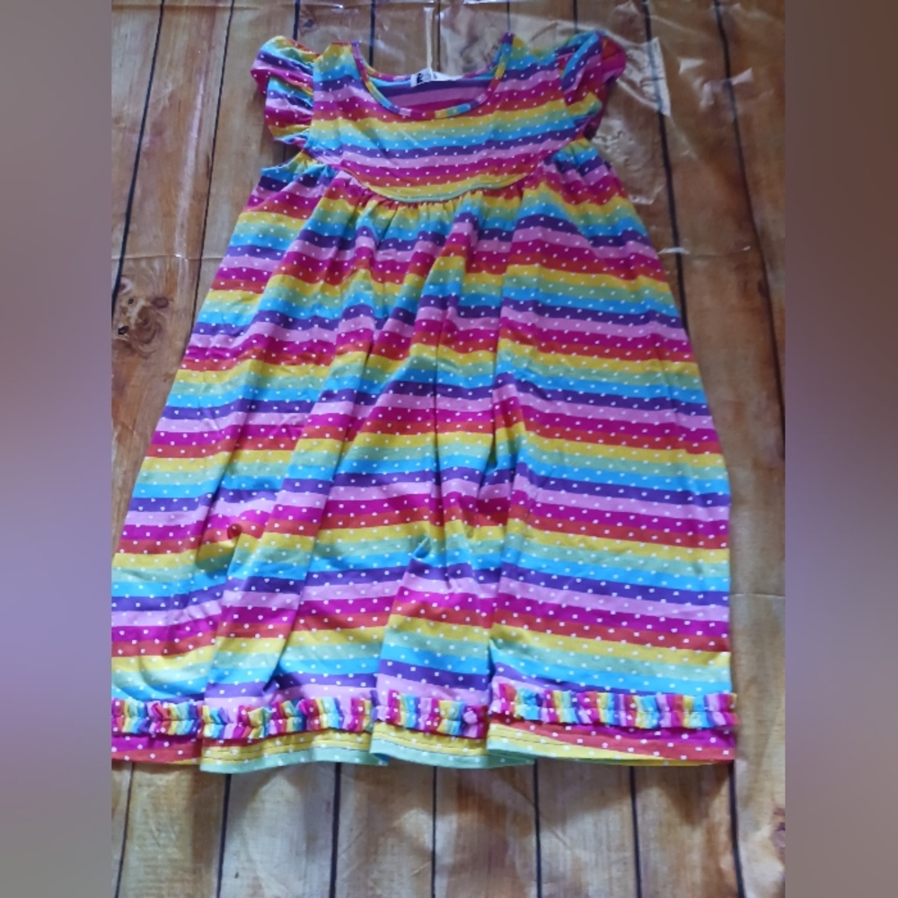 Rainbow Striped, Polka Dot Flutter Sleeve Sundress